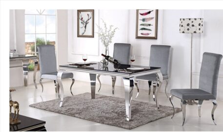 MODEL SJ802 DINING TABLE WITH FOUR S/STEEL LEGS AND BLACK TEMPERED PAINTED GLASS TOP -DIM 200 X 100 X H75CM-PACKED IN 3 BOXES-